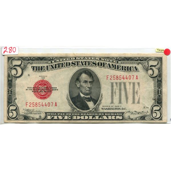 U.S. 1928 Lincoln $5.00 Red Seal V.F. cond.