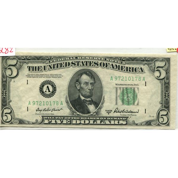 U.S. 1950 Lincoln $5.00 Black Seal mint cond.