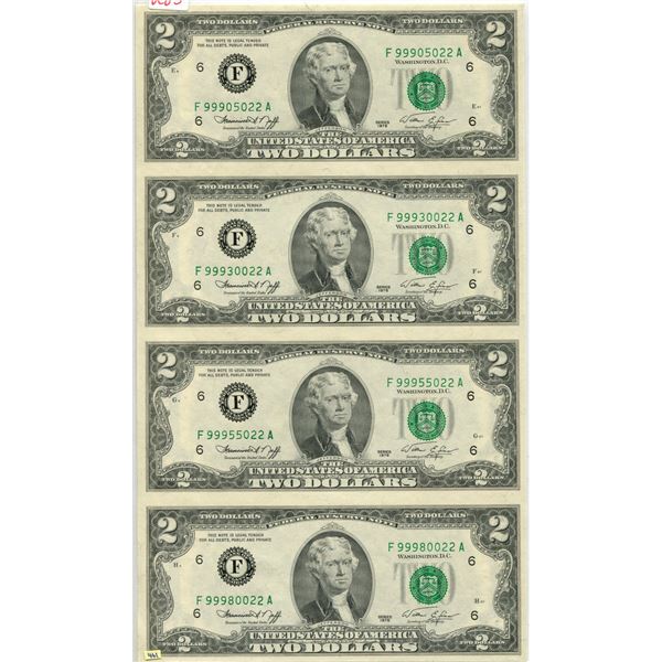 U.S. 1976 Jefferson $2.00 un-cut sheet of 4 mint cond.