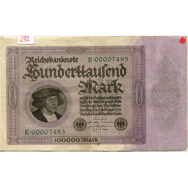 Germany 1923 replacement  note 100,000 marks V.F. cond