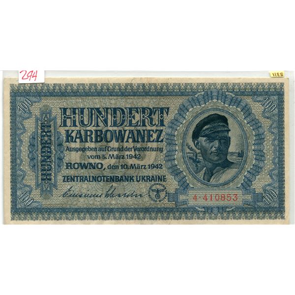 Ukraine 1942 100 Karbowanez #5311 German Eagle/Swastika mint cond.