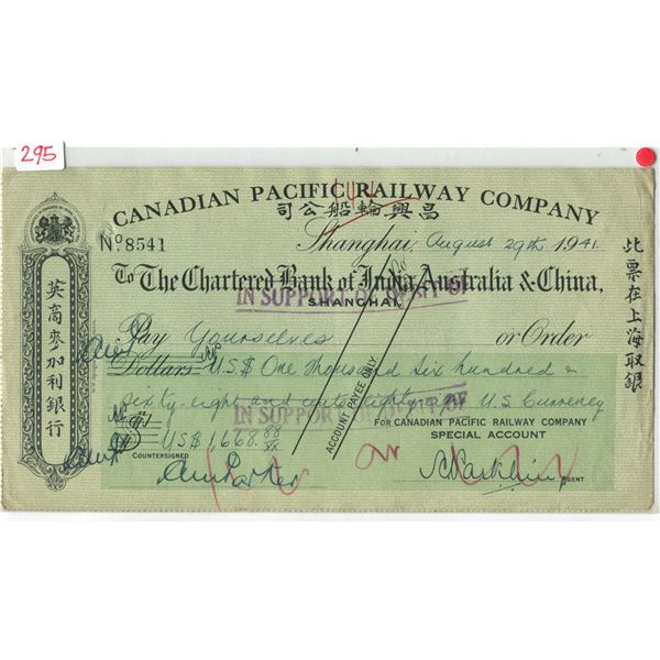 C.P. Rail cancelled cheque to chartered bank of India,Australia,&China mint cond.