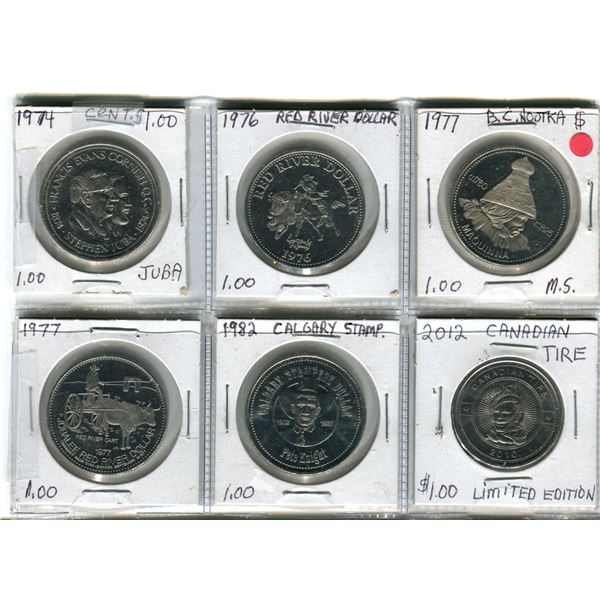 Tokens 6 mint cond , mayor juba,Redriver Jubilee,B.C. Nootka, Calgary Stampede, Canadian tire.