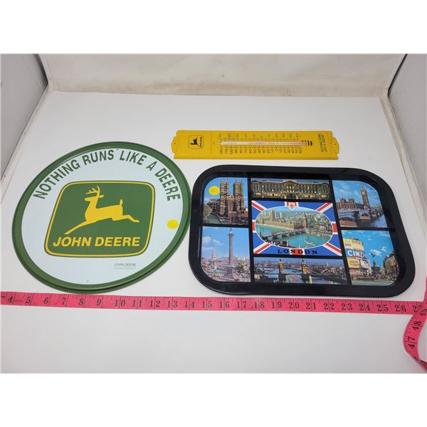John Deere sign, never used, faulty John Deere thermometer & metal London tray