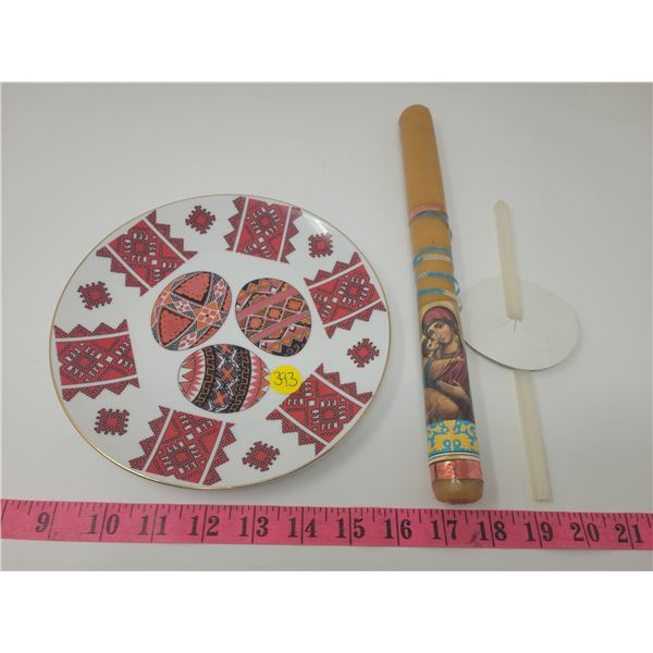 1 hand held and one decorative candle both from Ukraine & glass Ukrainian Easter Egg plate, 8" wide,