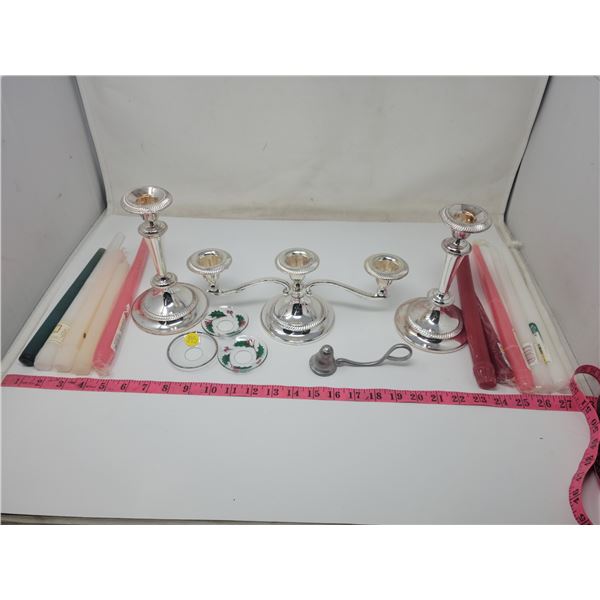 Pair of single candle holders, Candelabra, Candle snuffer, 10 candles, 3 drip catchers