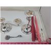 Image 2 : Pair of single candle holders, Candelabra, Candle snuffer, 10 candles, 3 drip catchers