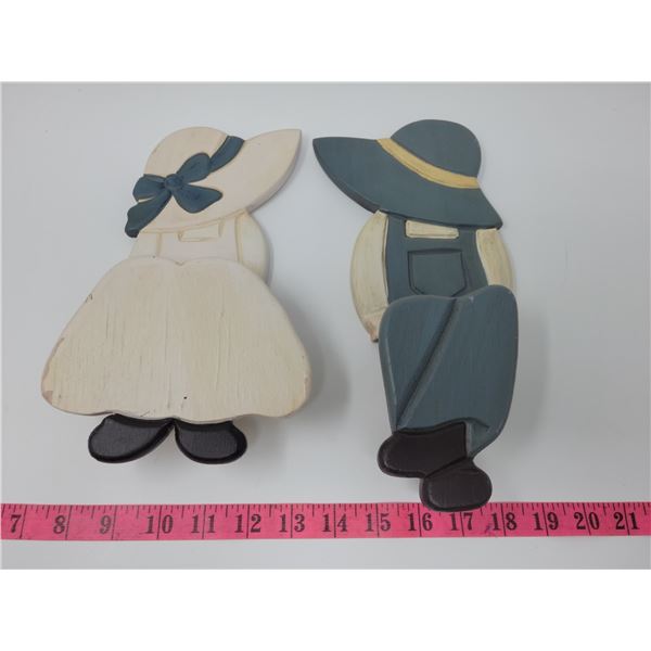 Wooden boy & girl shelf sitters or wall hangings. 11" & 10" tall respectively (sit on edge of shelf)