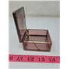 Image 2 : Beveled glass burgundy nic nac box with pressed flowers, chain holds flip open lid, mirrored bottom 
