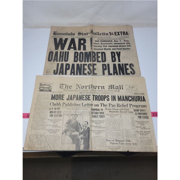 2 old, maybe incomplete fragile newspapers on war in Manchuria 1931 & Pearl Harbor attack