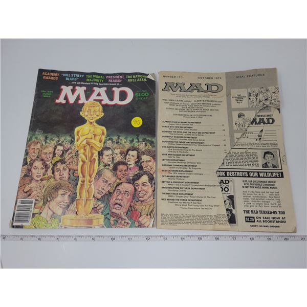 Two MAD magazines, June 1982 & Oct 1974 missing cover, one torn page