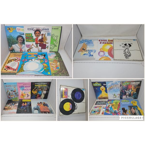 23 Single/double children's LPs (5 Sesame, 4 Sharon Lois & Bram etc) 2- 45's, 1 Disney tape