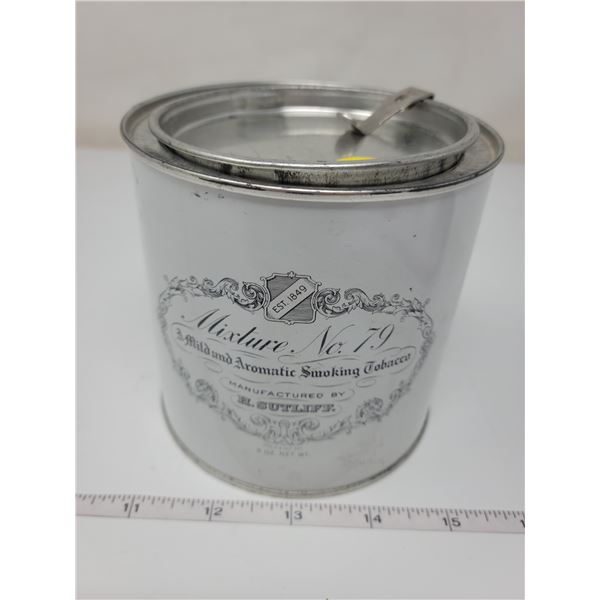 Small tobacco can with attached lid opener, about 4" X 4"