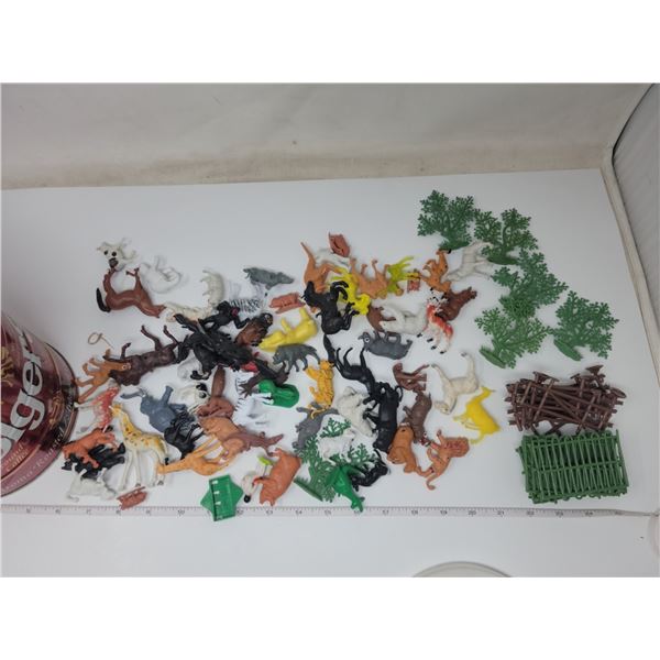 Small toy animals & interlocking fence, 3/4 full Folgers coffee can (6" X 6.5")