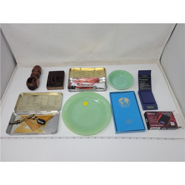 large vintage lot with Fire King dish 4.5", nutcracker, battery operated digital scale, travel diary