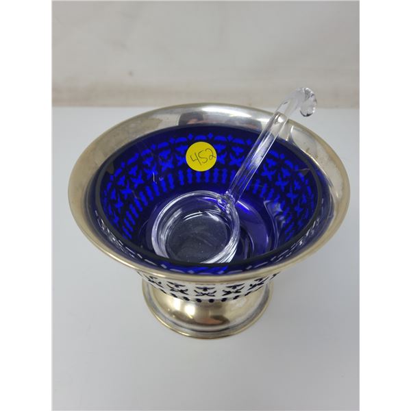 Sterling silver container with dark blue glass serving dish & spoon. 5" X 3.5"