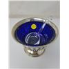 Image 1 : Sterling silver container with dark blue glass serving dish & spoon. 5" X 3.5"