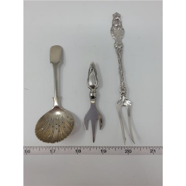 sterling silver stamped pickle fork, sterling pickle spoon with drainage holes, Sterling corn cob ac