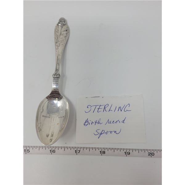 Sterling silver birth record spoon with stork motif: name, birthdate, time, etc.
