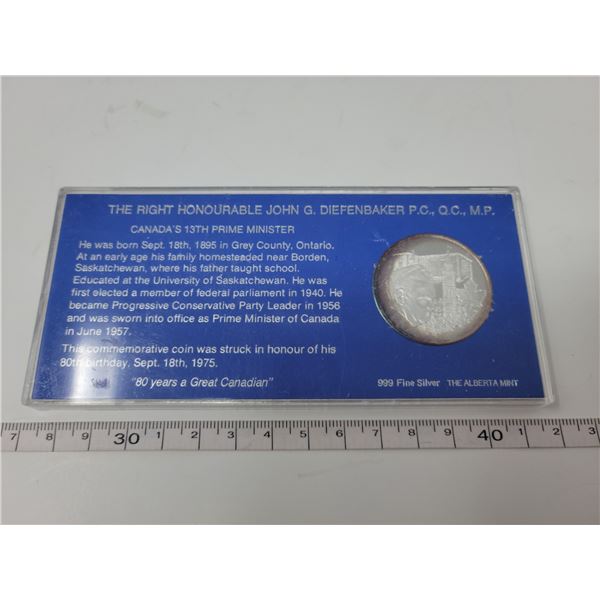 Prime Minister John G. Diefenbaker 80th birthday commemorative fine silver coin