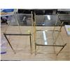 Image 1 : 3 small glass & brass stacking tables with wrench. Smallest table has some corner damage.