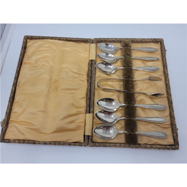 Sterling silver set of six - 4.5" long spoons & tongs in own case.