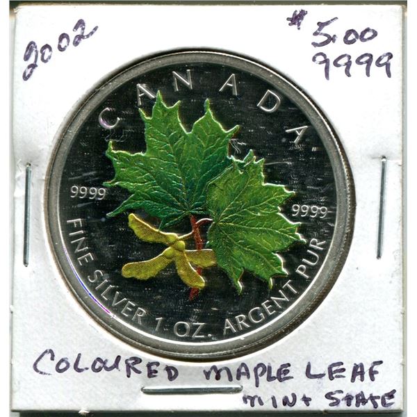 2002 $5.00 colored maple leaf .9999