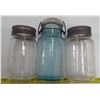 Image 1 : Lot of Old Glass - 3 Glass Canning Jars - 1 Blue Glass