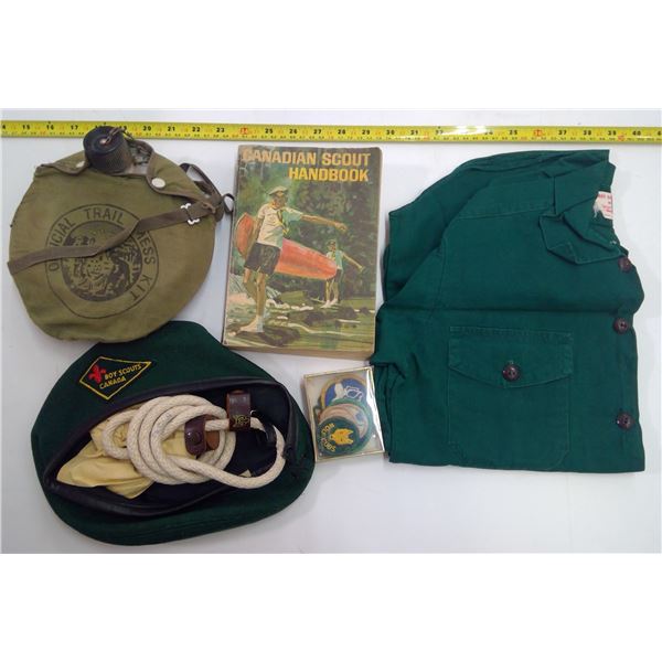 1960's Canadian Boy Scouts Lot - Shirt, Cap, Handbook, Badges, Canteen & Neckerchief