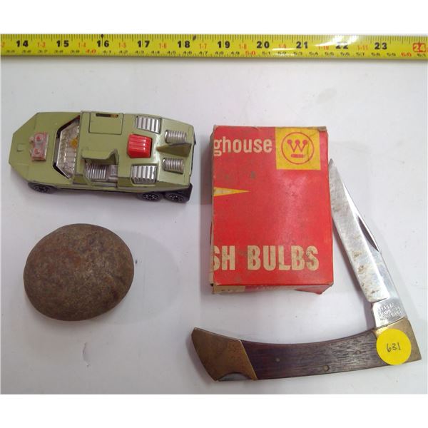 Stainless Pocketknife, Matchbox Car, Rock & Flash Bulbs