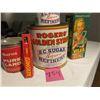 Image 1 : Three Roger's syrup pails, Burns lard tin,  empty chipper box (good display)
