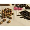 Image 2 : Lot of clay marbles, square nails, ice cleats for horse shoes, small dove tailed wood box, small red