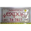 Image 1 : 1967 Quebec Licence Plate - Montreal Expo 1967