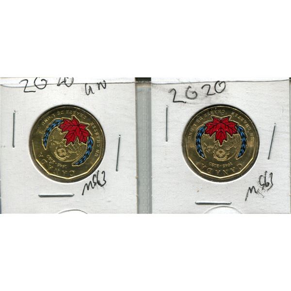(2) 2020 Canada 75th Anniversary Of "Un Charter" Loonies (Colorized)