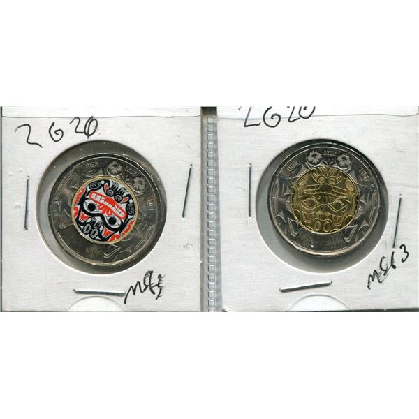 (2) Canadian Toonies (One Colorized)  "Bill Reid"