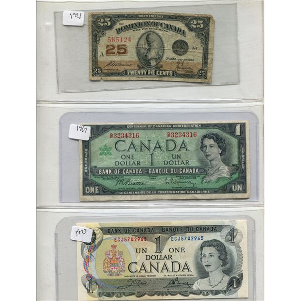 Lot Of (3) Canadian Bills (2) One Dollar + (1) 25 Cents