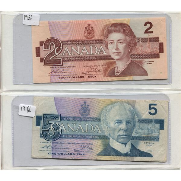 Canadian 2 Dollar Bill + Canadian 5 Dollar Bill