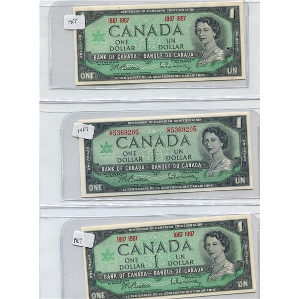 (3) 1967 Canadian One Dollar Bills