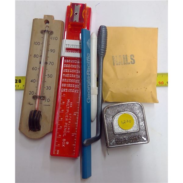 Lot of Thermometers, Tape Measure, Nails, Pencil, Etc.