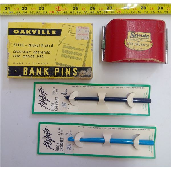 Antique Opex Brush, Crochet Hooks & Bank Pins