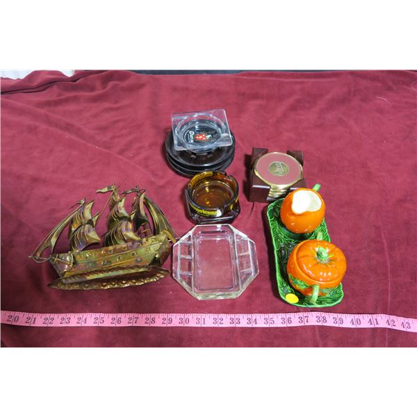 Lot pumpkin cream & sugar dish+ ashtrays & coasters + metal boat