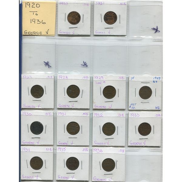 Sheet Of Canadian One Cent Coins 1920-1936 (13)