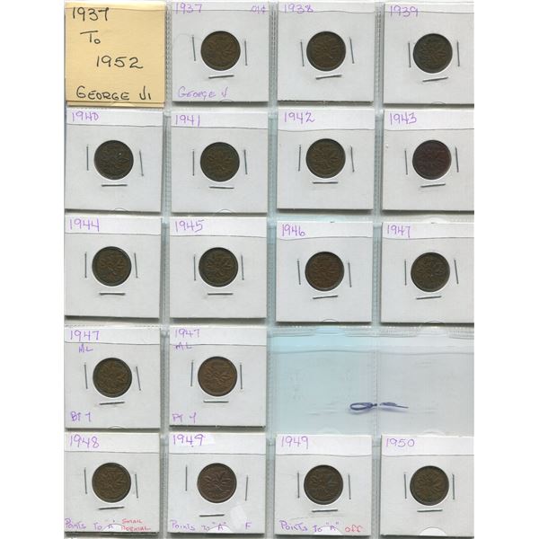 Sheet Of Canadian One Cent Coins 1937-1950 (17)