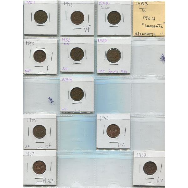 Sheet Of Canadian One Cent Coins 1951-1958 (11)
