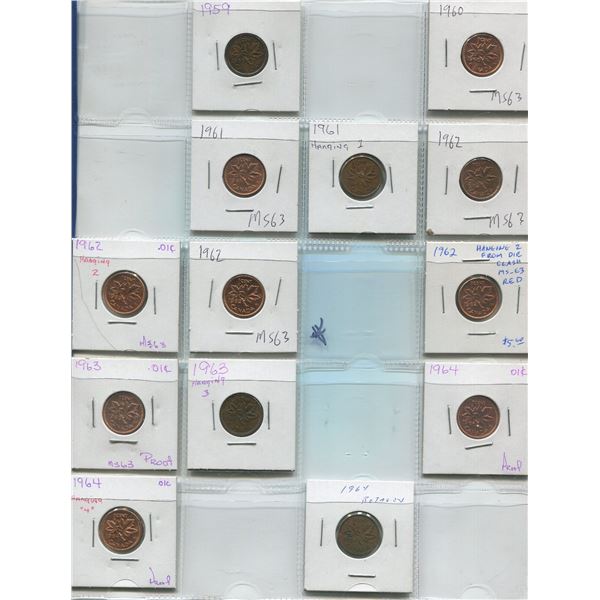 Sheet Of Canadian One Cent Coins 1959-1964 (13)