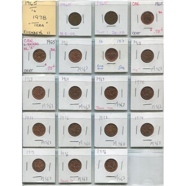 Sheet Of Canadian One Cent Coins 1965-1976 (18)