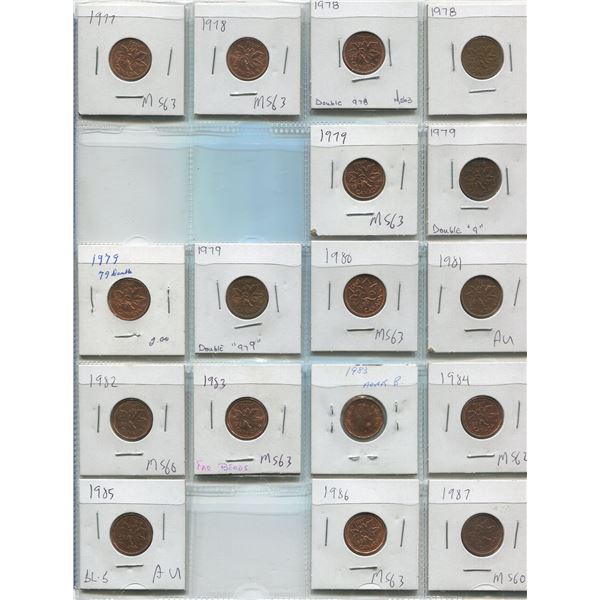 Sheet Of Canadian One Cent Coins 1979-1987 (17)