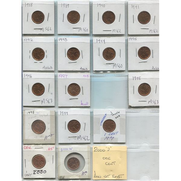 Sheet Of Canadian One Cent Coins 1988-2000 (16)