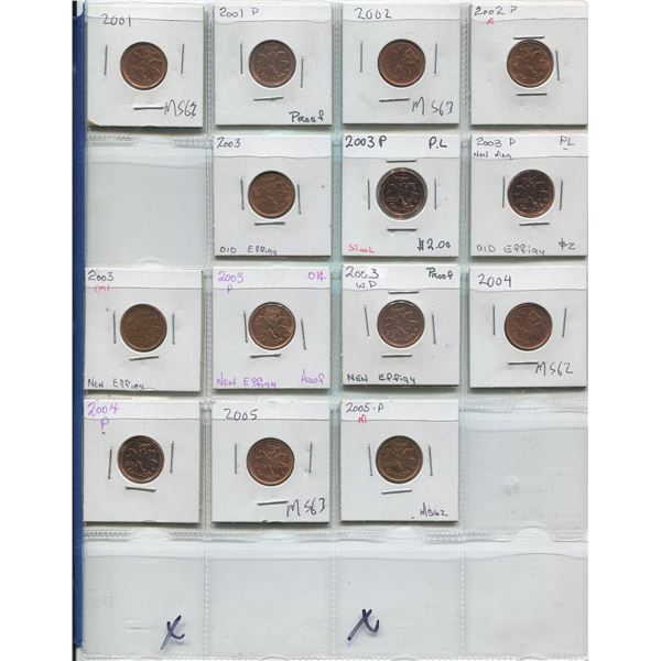 Sheet Of Canadian One Cent Coins 2001-2005 (14)