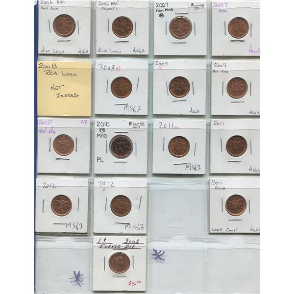 Sheet Of Canadian One Cent Coins 2002-2012 (15)